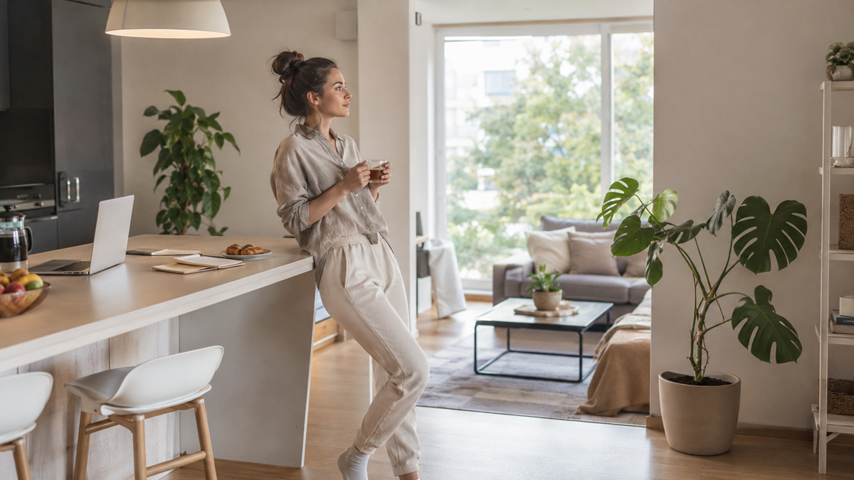 A woman in casual clothes stands in a modern, bright kitchen holding a mug, looking out the window. There's a laptop and notebooks on the counter, and a plant and cozy living room are visible in the background.