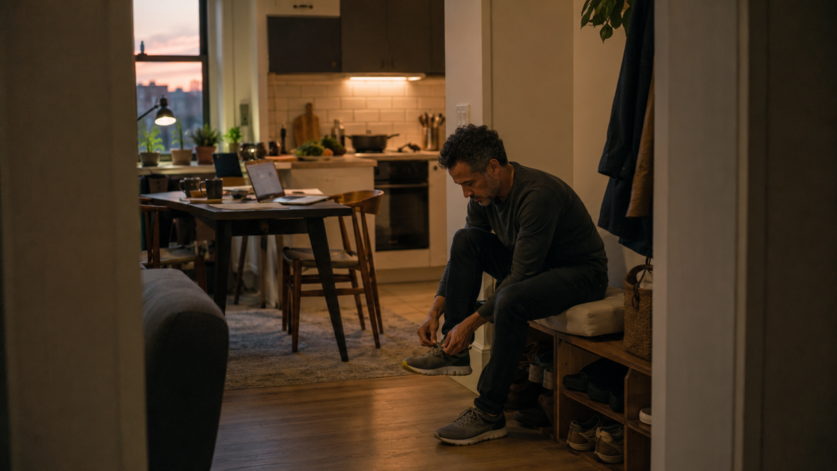 A man sits on a bench in a cozy apartment hallway, tying his shoes. The kitchen in the background has warm lighting, plants, and a laptop on the dining table.