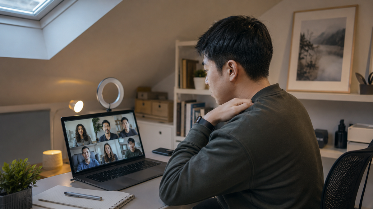 A man sits at a desk in a home office, participating in a video conference with six people displayed on his laptop screen. A notebook, pen, lamp, and plant are on the desk.