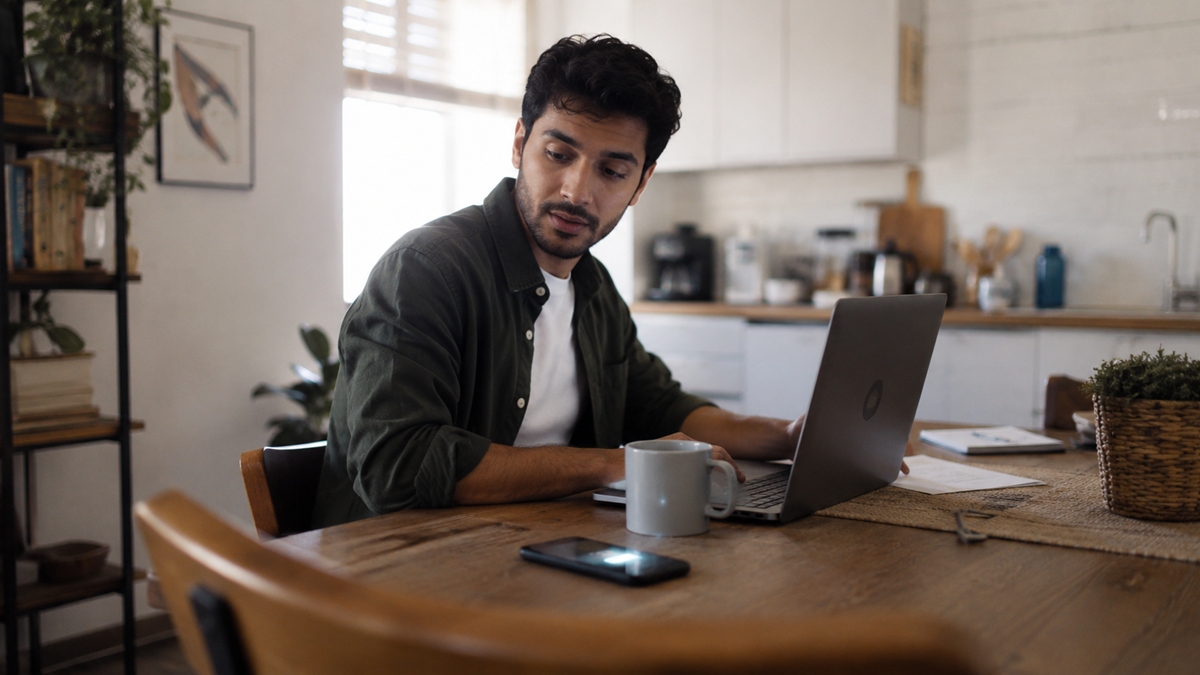 A man sits at a wooden table, looking over his shoulder while using a laptop. Work. A mug and smartphone are on the table. The background shows a kitchen with shelves, plants, and natural light coming through a window.
