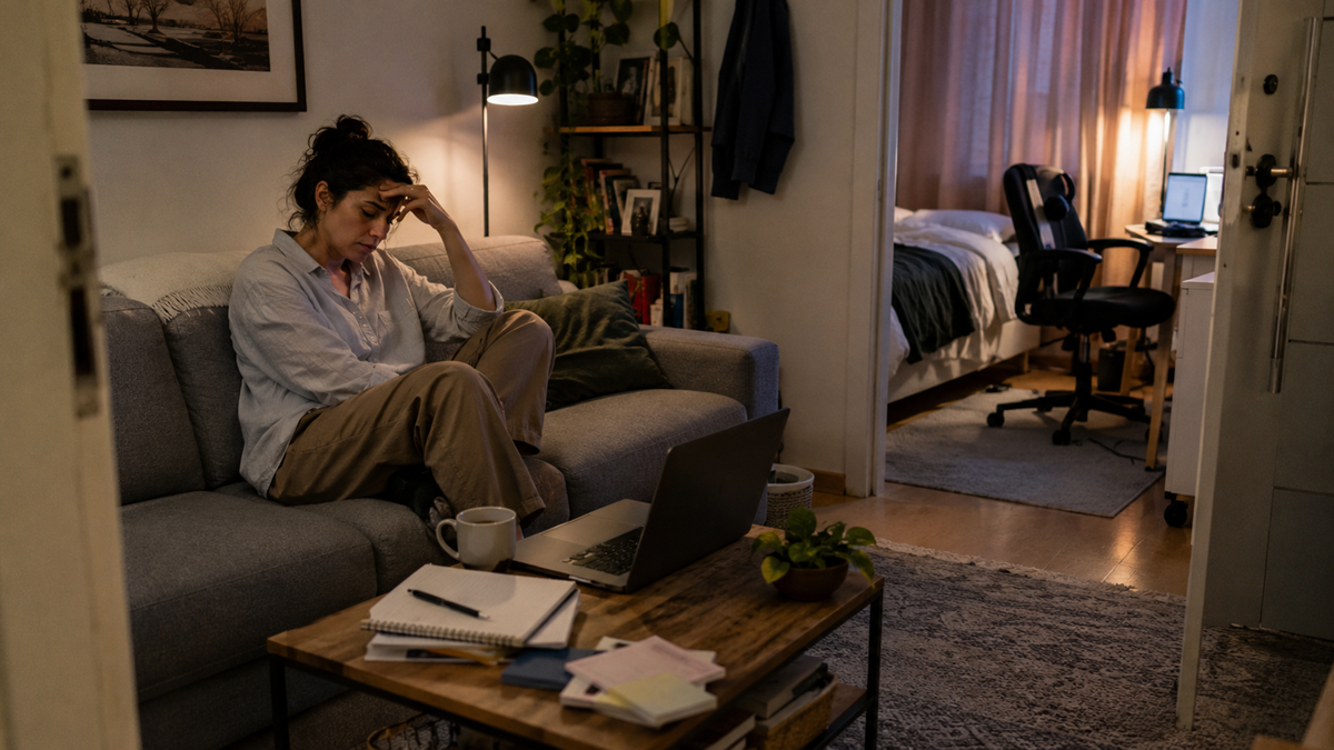 A woman sits on a couch in a dimly lit living room, looking stressed with her hand on her forehead. A laptop, coffee mug, and notebooks are on the table in front of her. A bedroom is visible in the background. Work.