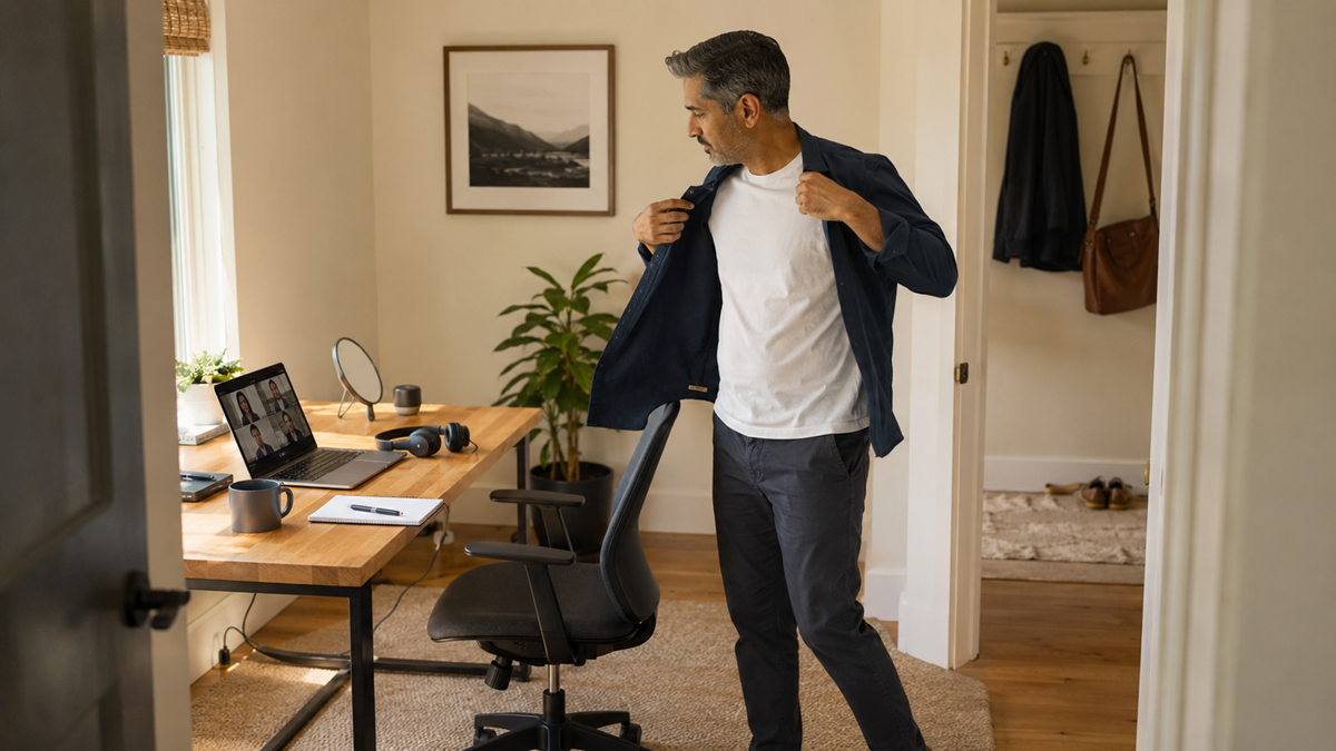 A man puts on a blazer in a home office, preparing for a video call on a laptop. The desk holds headphones, a phone, and other items. A plant and framed photo decorate the room.