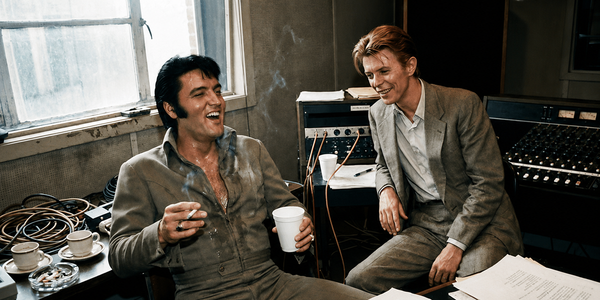 Two men in suits laugh and chat in a recording studio; one is holding a cigarette and a cup, the other is smiling, with audio equipment, cables, and coffee cups on the table beside them.