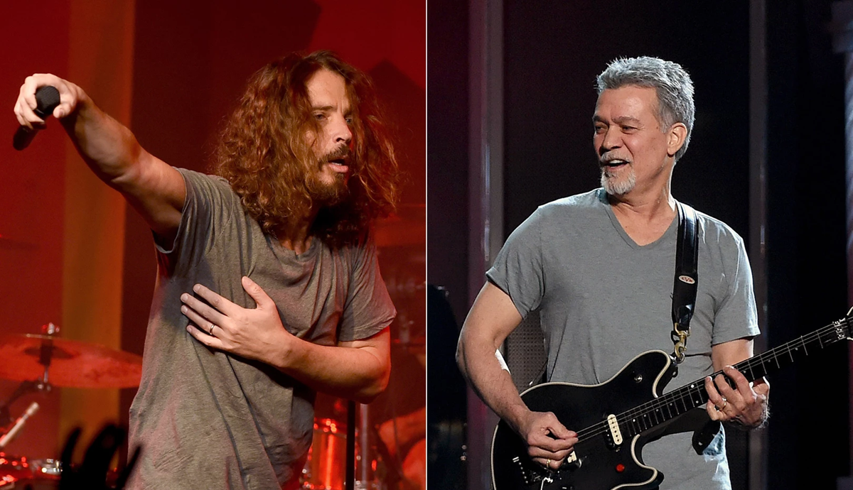 Two men perform onstage: one with long curly hair sings into a microphone, wearing a gray shirt; the other, with short gray hair, plays a black electric guitar and smiles, also dressed in gray. Each appears in a separate frame.