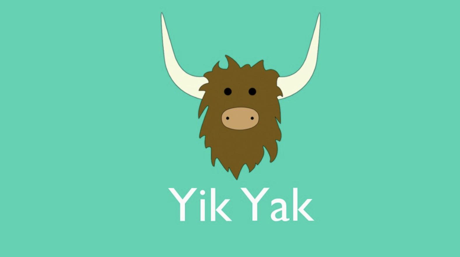 A cartoon yak face with large horns appears above the words "Yik Yak" on a teal background.