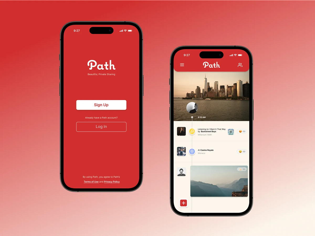Two smartphones display the Path app. The left screen shows a red login/signup page, while the right screen shows a feed with photos, user icons, and buttons against a gradient red background.