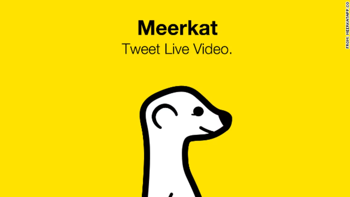 A simple drawing of a meerkat on a yellow background with the text "Meerkat Tweet Live Video." at the top.