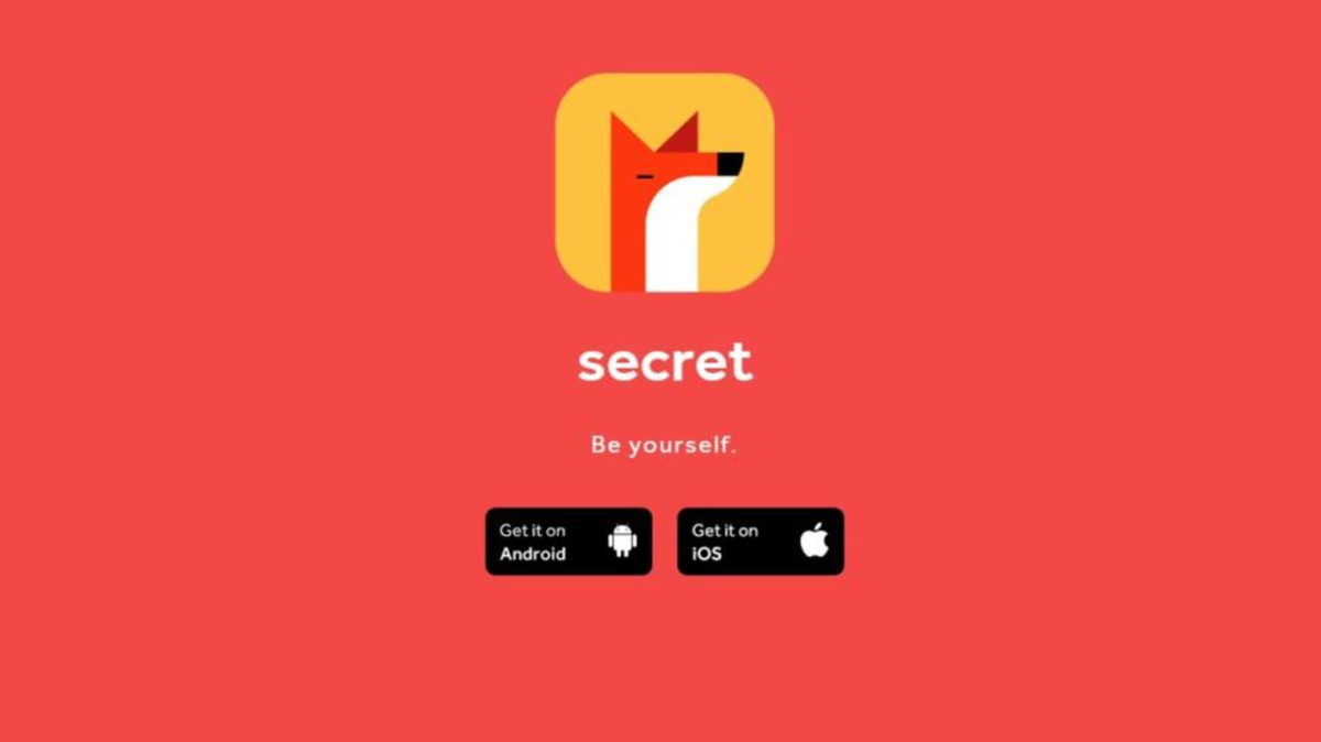 A minimalist fox icon above the word "secret" and the phrase "Be yourself." Buttons for downloading on Android and iOS appear below, all on a red background.