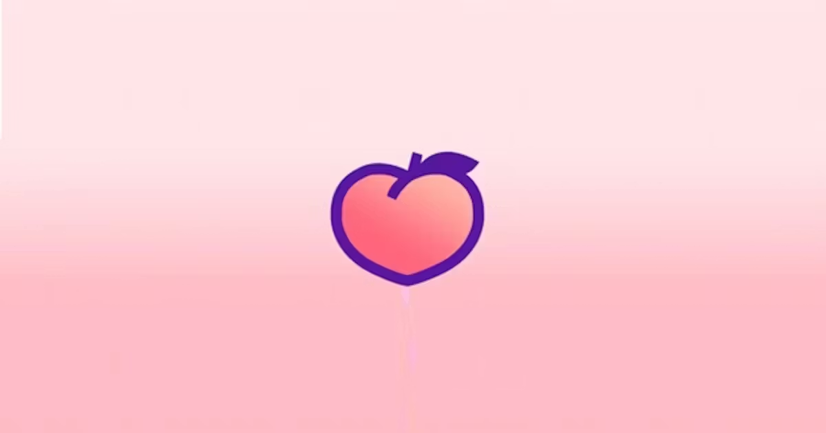 A stylized peach icon with a purple outline and a green leaf, set against a gradient pink background.