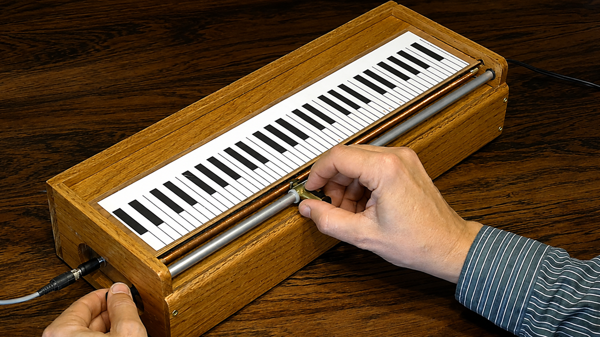 Song. A person’s hands play a homemade electronic instrument with a paper piano keyboard and metal rods, housed in a rectangular wooden box, placed on a dark wooden surface. Song