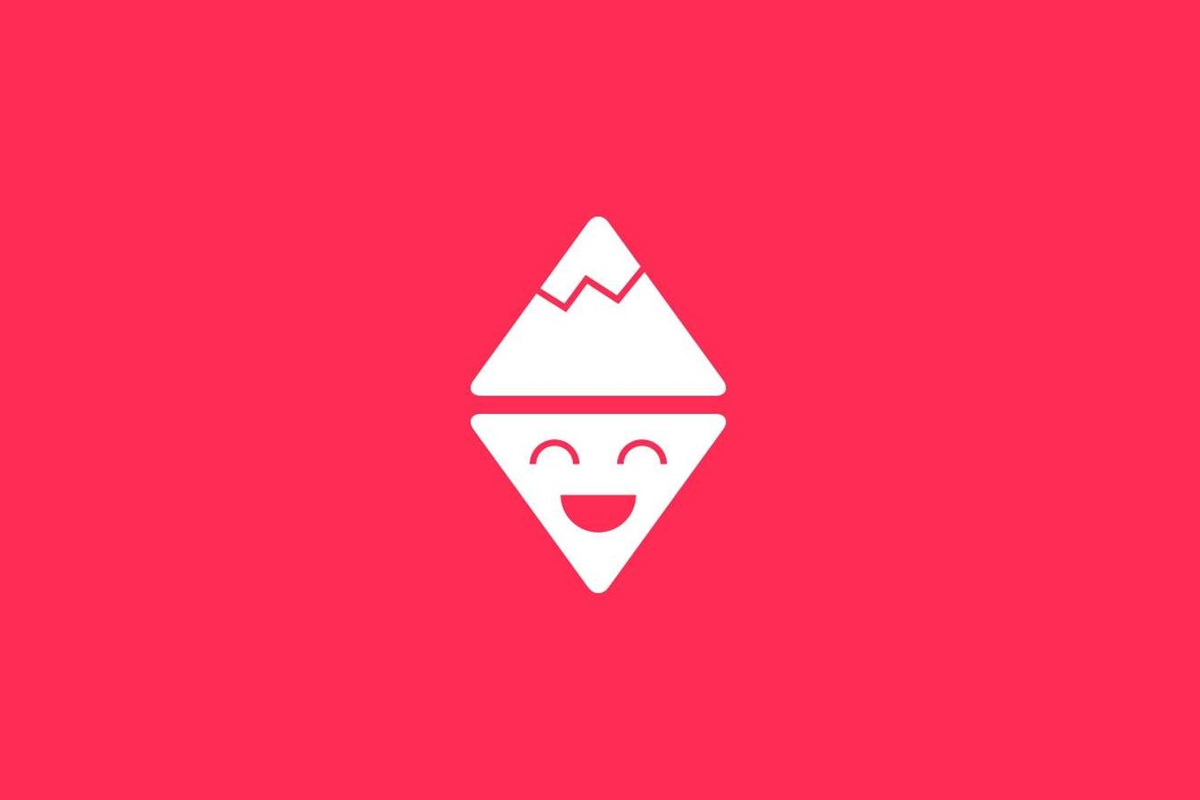 A white, stylized mountain with a smiling face on a bright pink background.