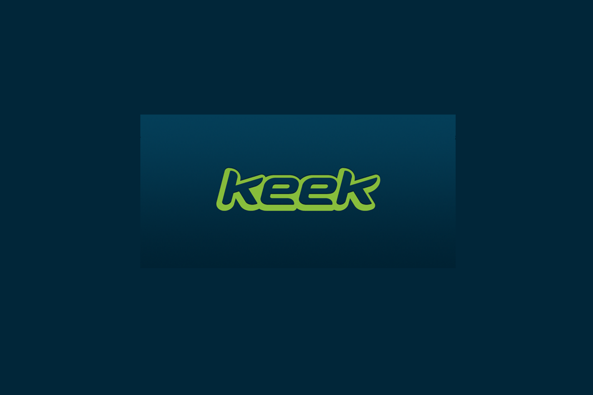 The image shows the word "keek" in bold, rounded green letters on a dark blue gradient background.