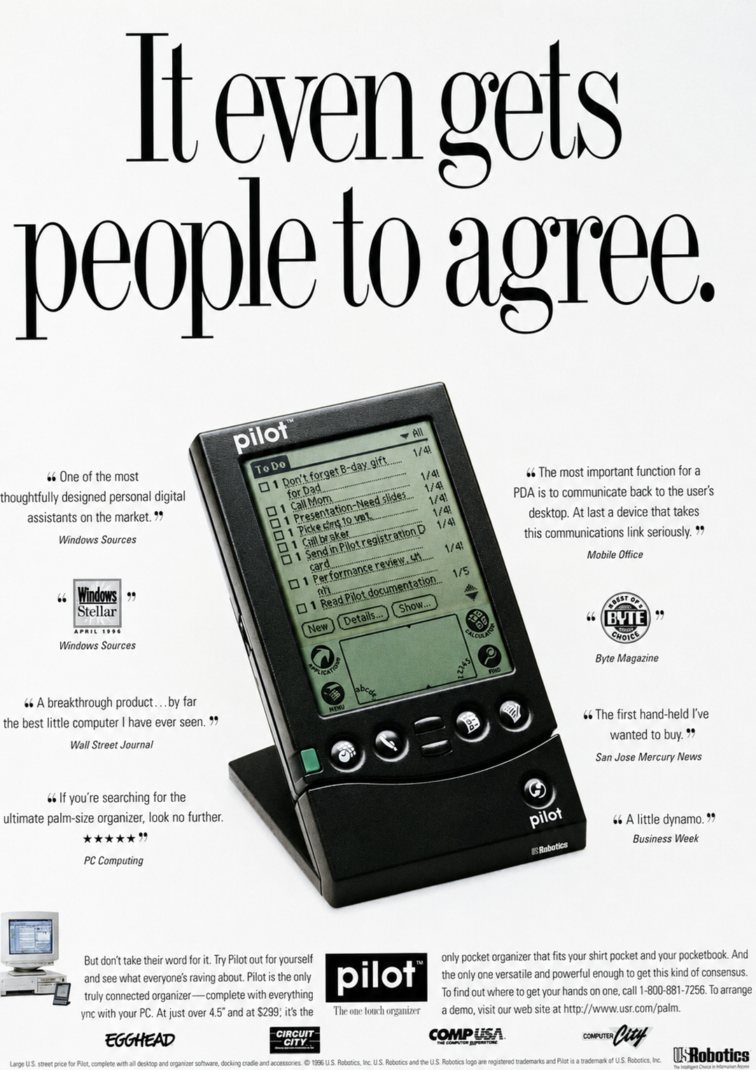 A vintage advertisement features a black Pilot handheld PDA, surrounded by positive review quotes, with bold text above: "It even gets people to agree." Various tech company logos are shown at the bottom.
