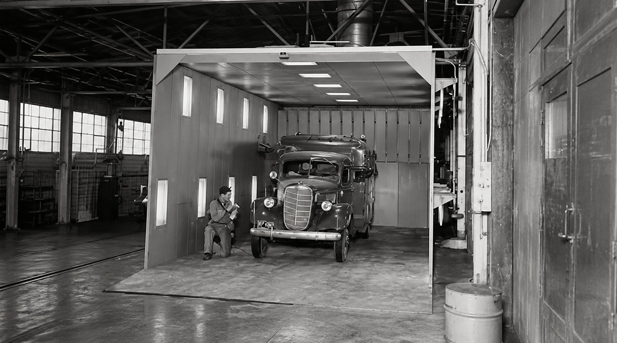 A man sits beside a vintage truck inside a large industrial garage or workshop with high ceilings and large windows. The area is spacious and well-lit.