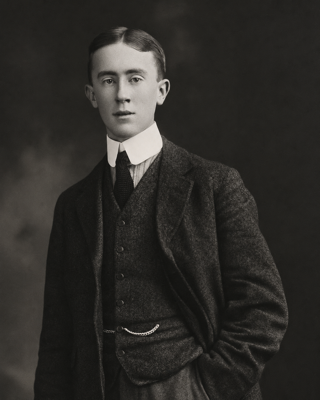 Young man in early 20th-century formal attire stands with one hand in his pocket, wearing a dark suit, vest, white shirt, and tie, against a plain dark background. He has neatly parted hair and a serious expression.