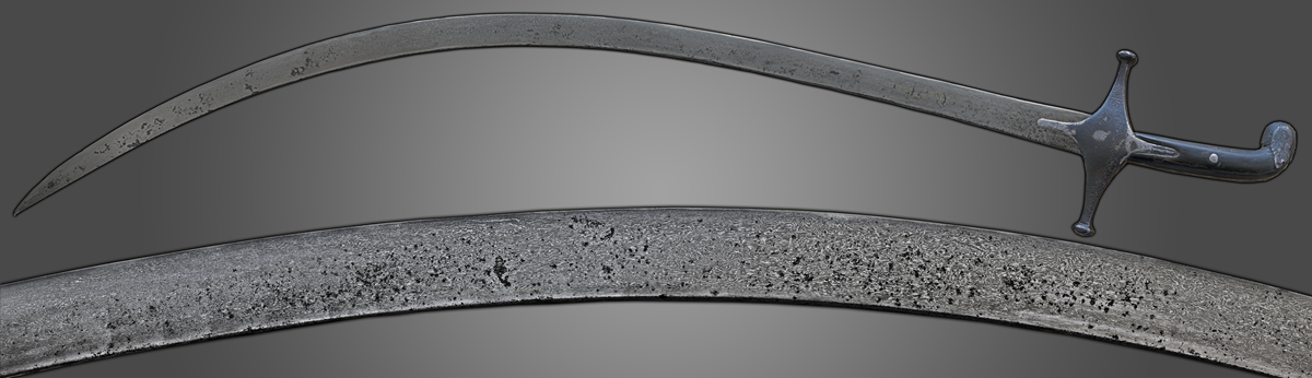 A curved, antique sword with a dark handle and crossguard, displayed against a gradient gray background. The blade has visible age marks and texture.