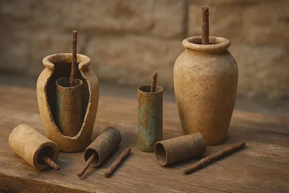 Several ancient clay pots and metal cylinders with rods are displayed on a wooden surface, suggesting early batteries, possibly Baghdad Batteries, with a blurred stone wall in the background.