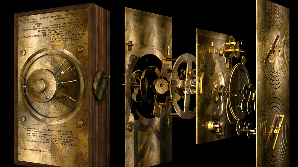 Exploded view of the Antikythera mechanism, showing its ancient bronze gears, dials, and inscribed plates, all floating in alignment to highlight the internal mechanical complexity. Invention