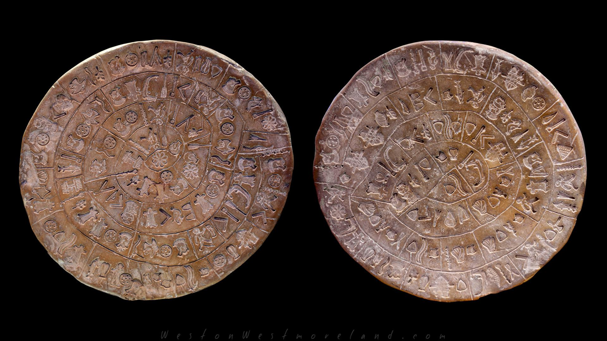 Two sides of the Phaistos Disc, a circular clay artifact with spiral bands of stamped symbols and pictographs from ancient Crete, displayed on a black background.