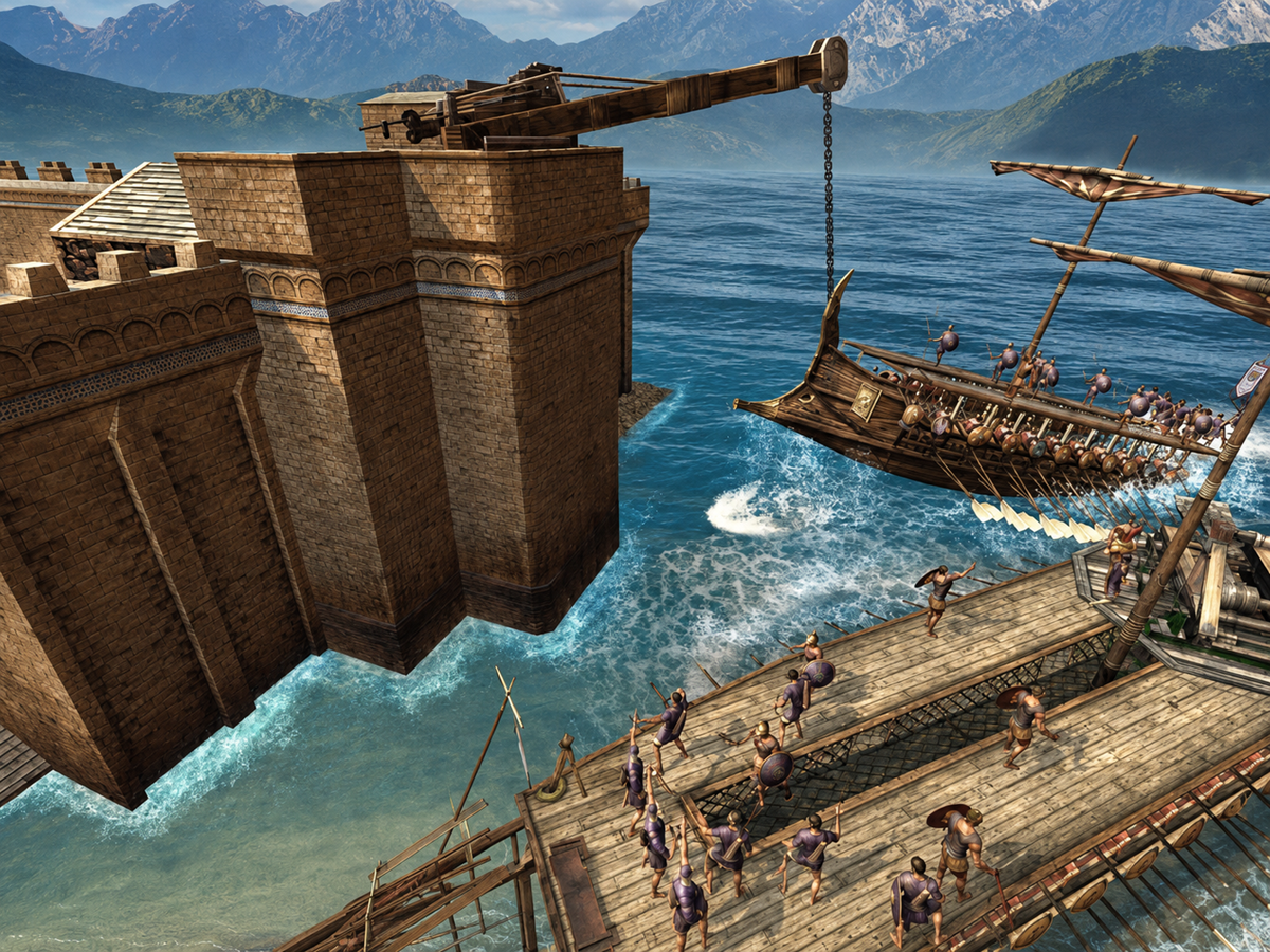 Ancient workers use rope and cranes to lower a large wooden ship into the sea from a massive stone harbor, with mountains and waves in the background.