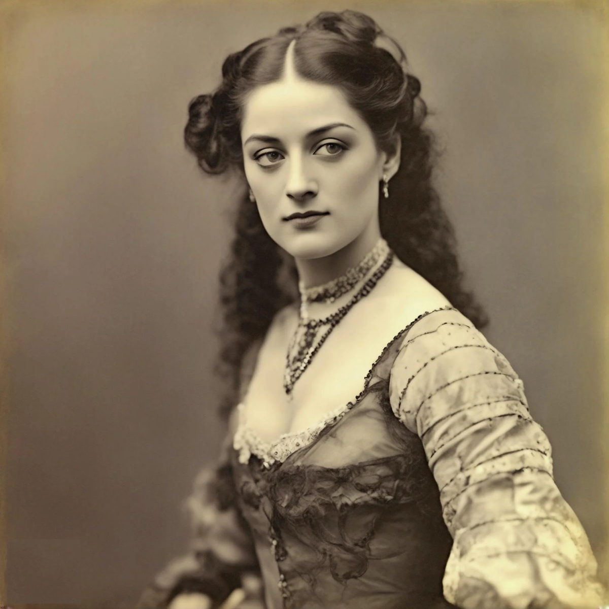 A woman in Victorian-era clothing poses for a sepia-toned portrait, wearing a lace dress, choker, and jewelry, with long curly hair styled in ringlets.