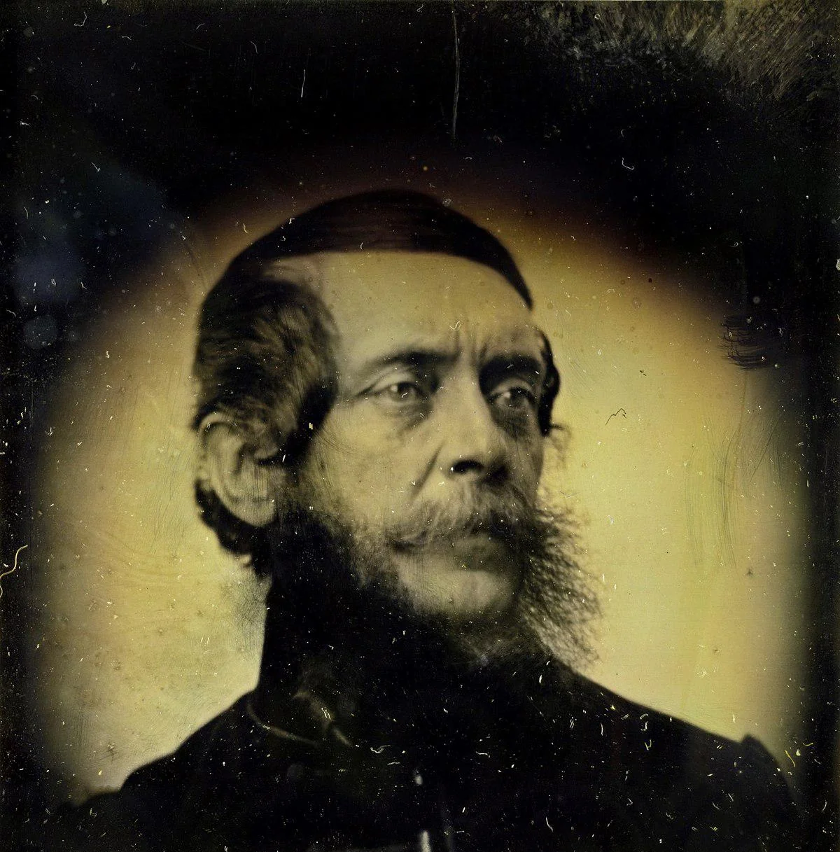A sepia-toned portrait of an older man with dark hair, sideburns, and a full beard, dressed in formal clothing and gazing slightly to the side against a blurred background.