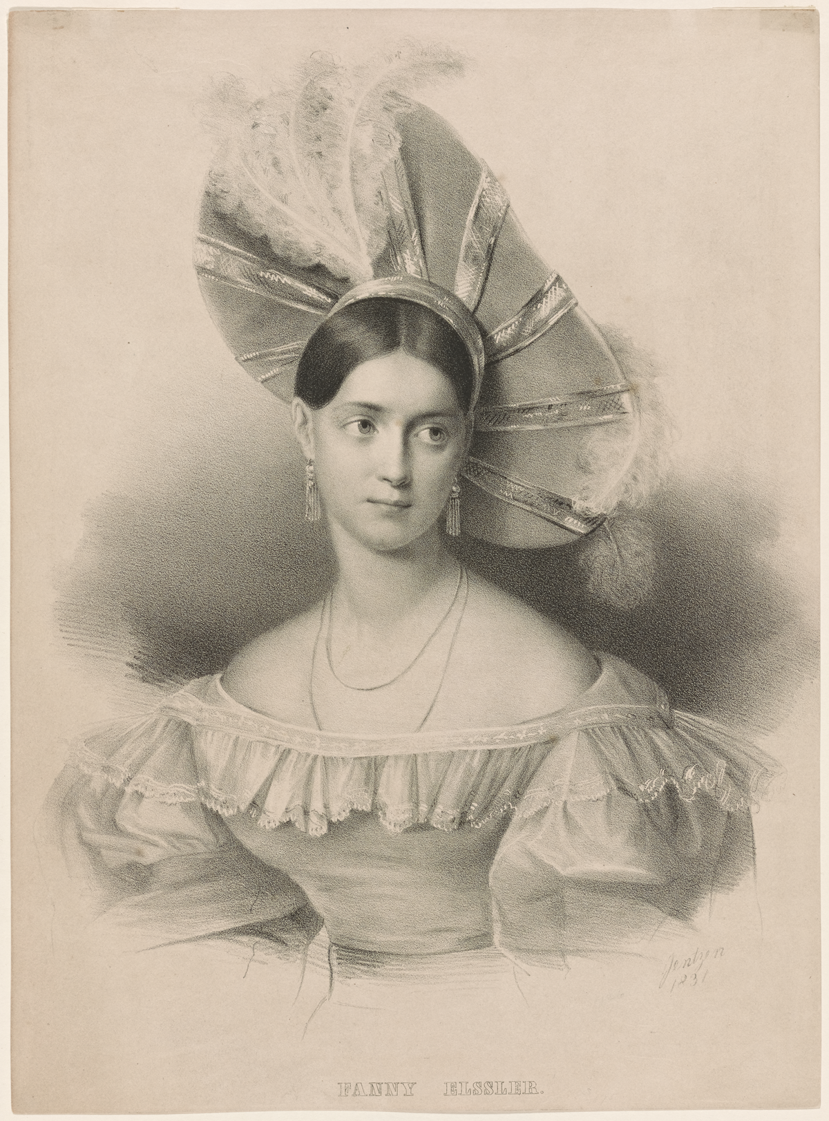 A woman in a ruffled dress and elaborate feathered headdress poses for a formal portrait. She wears drop earrings, a necklace, and gazes slightly to the side. The artwork is done in a soft, detailed style.