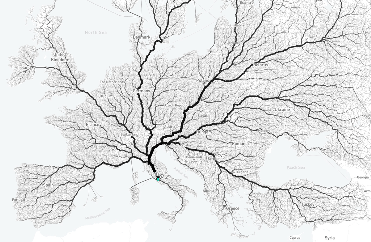 A map of Europe with black branching lines resembling river networks, converging to a single point in southern France, symbolizing connectivity across the continent.