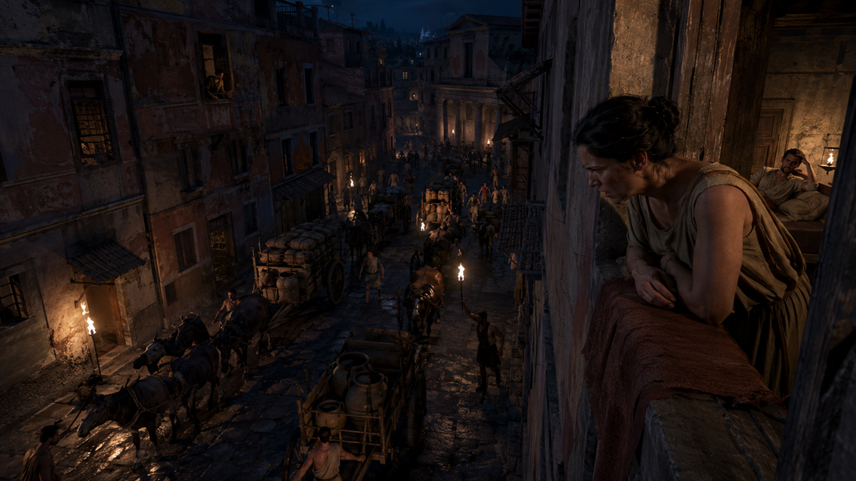 A woman leans out a window, watching a busy, torch-lit street at night with people, ox carts, and ancient buildings, evoking a historical or Roman-era city scene.