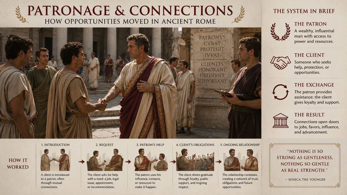 A Roman man in a toga shakes hands with another, surrounded by others in robes. Illustrated icons and text explain the patron-client system in Ancient Rome, highlighting the exchange of favors and social advancement.