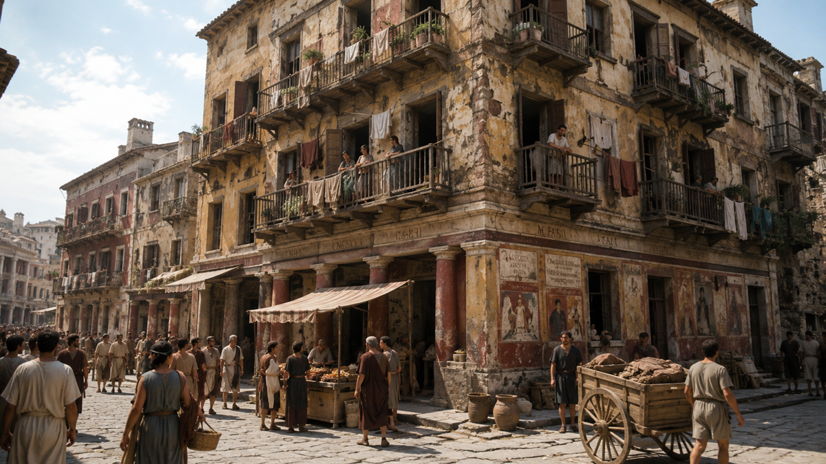 A bustling ancient street scene with people in togas, market stalls, and a large, weathered stone building with balconies and hanging laundry.