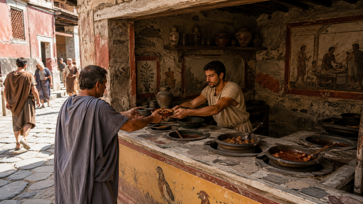 A man serves food to another man at an ancient Roman street food stall, with various pots on the counter and frescoes on the walls. People in tunics walk along the stone street outside.