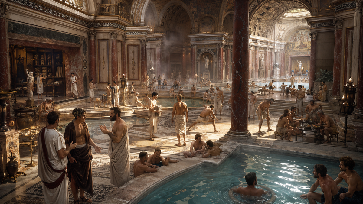 Ancient Roman bathhouse scene with people in togas and robes socializing, bathing, and relaxing in ornate pools, surrounded by grand columns, statues, and intricate architecture. Sunlight streams through high windows.