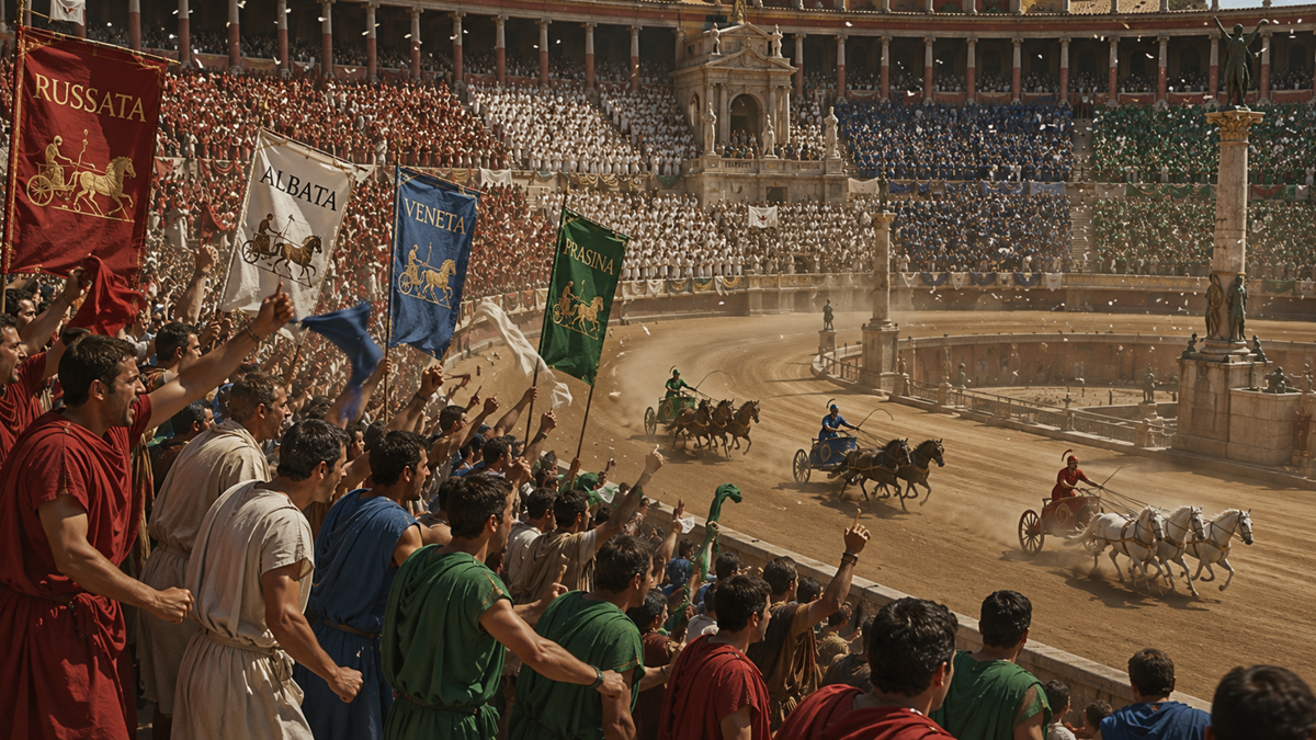 Crowds in colorful robes cheer at a Roman chariot race in a large ancient arena. Four teams race around the dusty track as banners for different factions—red, white, green, and blue—wave above the spectators.