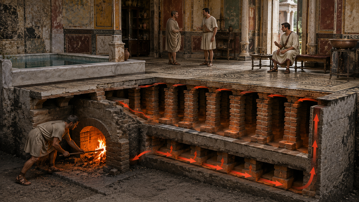 A cutaway view of an ancient Roman bath shows a man tending a fire beneath raised floors, with red arrows illustrating how heated air circulates to warm the floor while people in tunics stand or sit above.