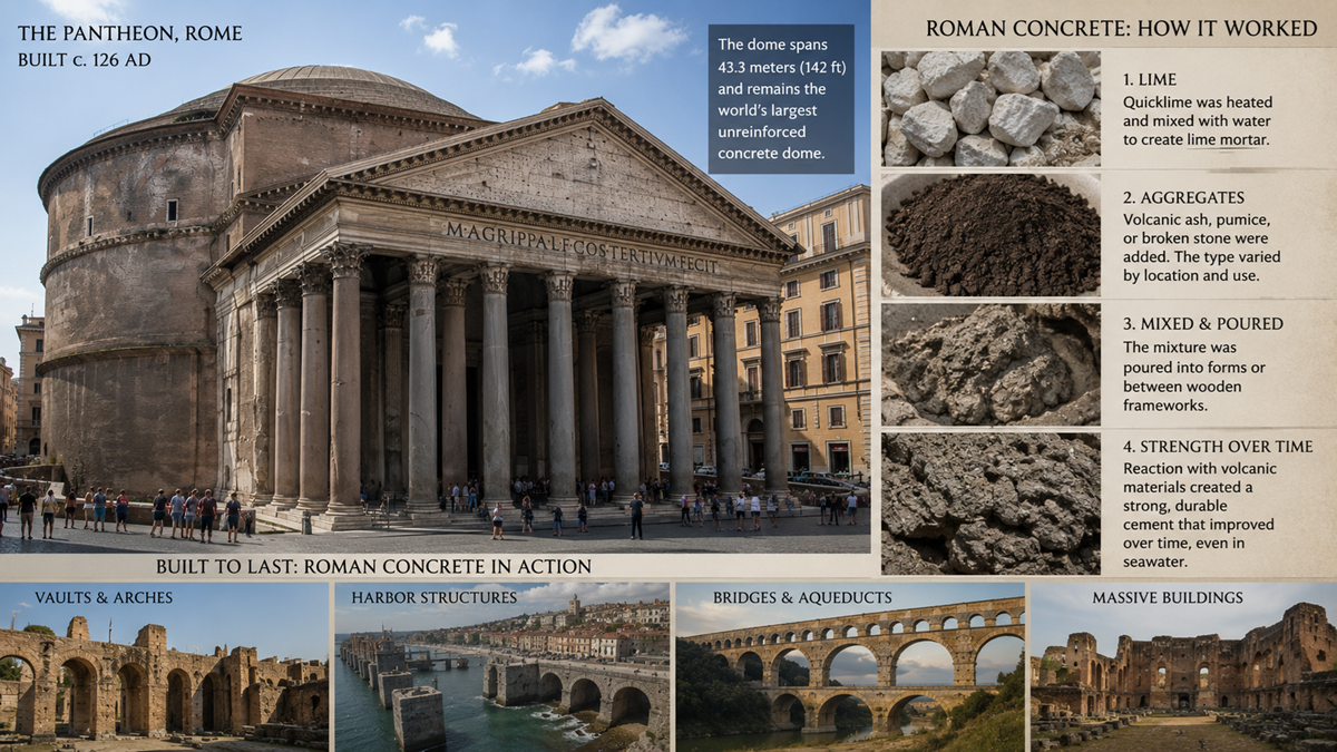 The Pantheon in Rome with labeled photos explaining Roman concrete: its lime, volcanic aggregates, mixing/pouring, and strength over time. Images of vaults, harbors, bridges, and ruins show its durability.