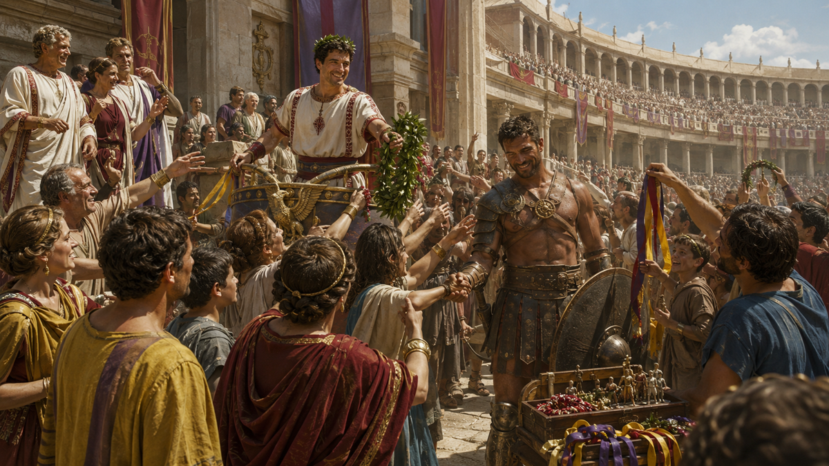 A crowd in ancient Roman attire cheers as a chariot-riding noble crowns a victorious gladiator in an arena filled with spectators and festive decorations.