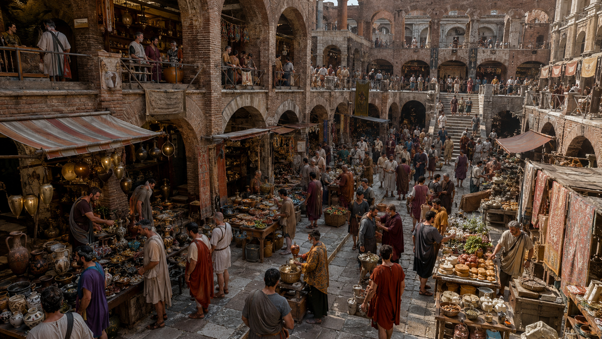 A bustling ancient marketplace with people in robes, vendors selling goods, pottery, and food stalls, surrounded by brick arches and multi-level buildings filled with shoppers.