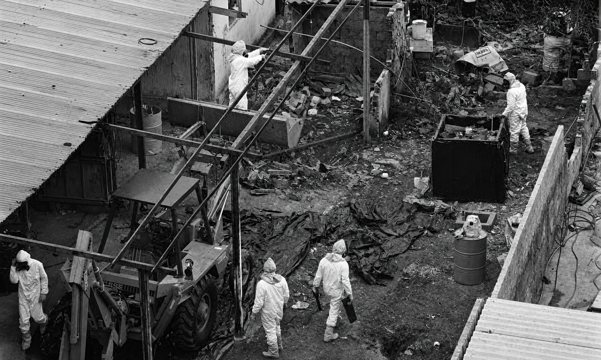 Five people in hazmat suits work in a cluttered, outdoor industrial area with scattered debris, barrels, and a tractor. The scene appears to be an environmental cleanup or investigation. Disaster.