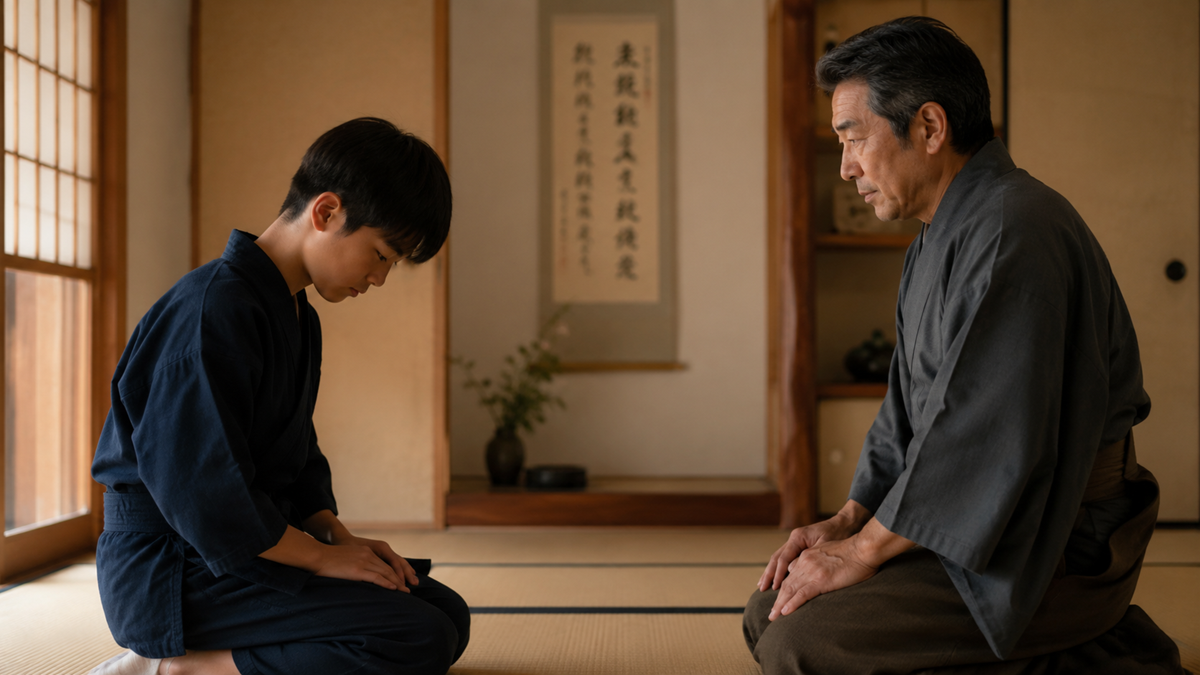 A young boy in a dark kimono bows on a tatami mat before an older man in traditional Japanese attire. They are in a minimalist room with a sliding paper door, a calligraphic scroll on the wall, and a small vase with a branch.