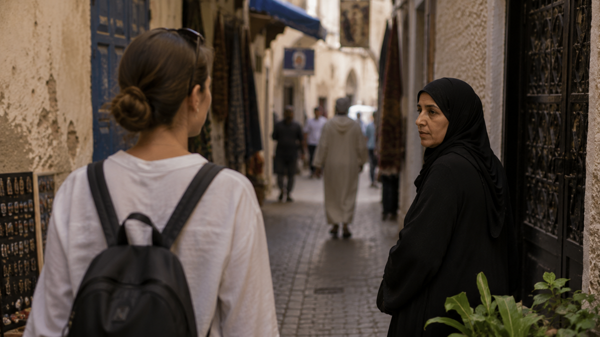 A woman in a black hijab stands by a wall in a narrow alleyway, looking at another woman with a backpack. People walk in the background along the cobblestone street.