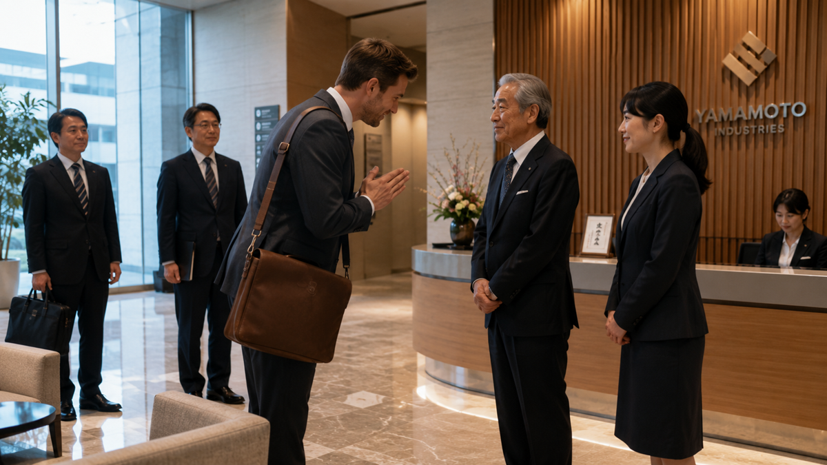 A man in a suit bows respectfully to an older man in a lobby, while three other businesspeople watch. A woman sits at the reception desk behind them. The office sign reads "Yamamoto Industries.