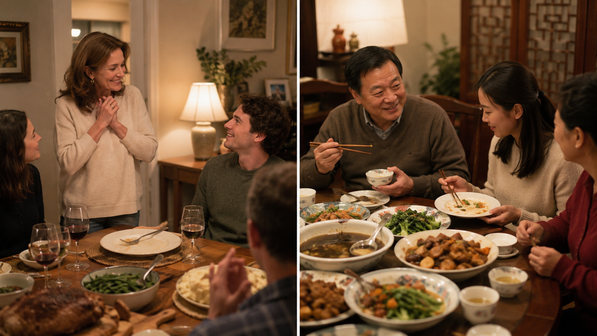 Split image: On the left, four people smile and chat around a cozy dinner table. On the right, four people enjoy a meal together with various Asian dishes, using chopsticks and sharing food. Custom.