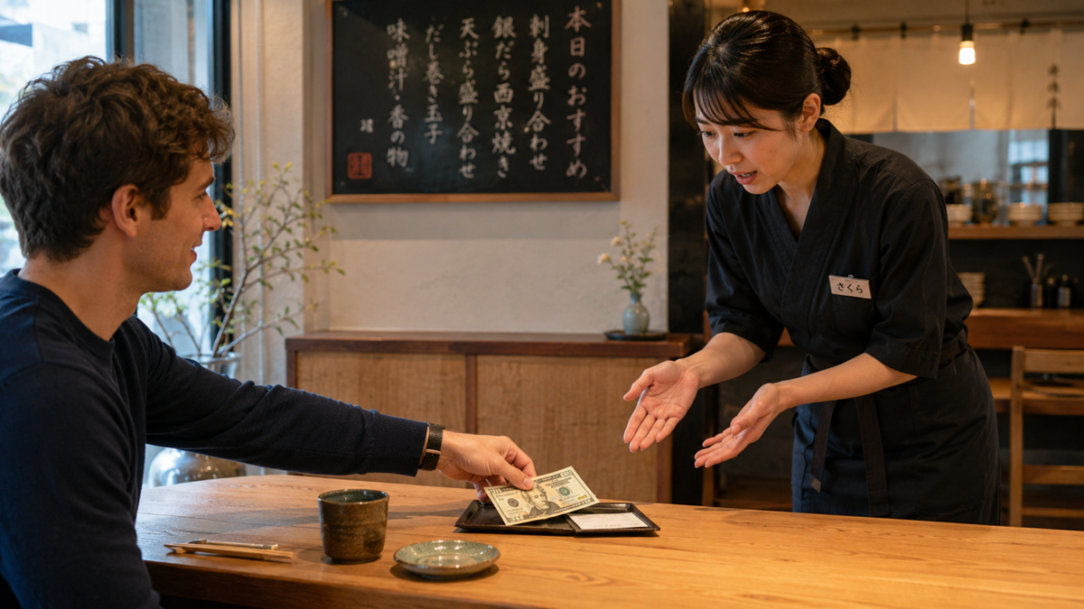A man pays a smiling server with cash at a wooden counter in a restaurant. The server gestures politely, and there are dishes and a menu board in the background.