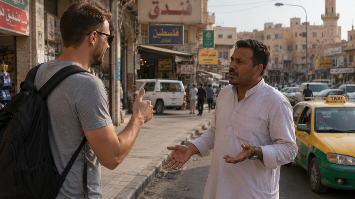 A man with a backpack gestures while talking to another man in a white shirt on a busy street lined with shops, cars, and a yellow taxi. Arabic signs are visible above the storefronts.