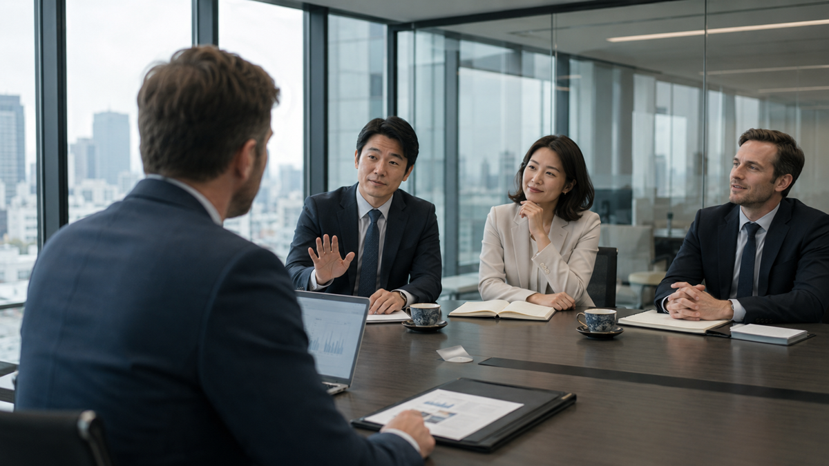 Four people in business attire sit around a conference table in a modern office, engaged in a meeting. One man gestures while speaking, and others listen attentively. Laptops, notebooks, and coffee cups are on the table.