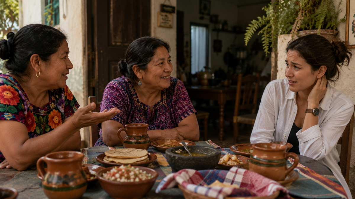 Three women sit at a table outdoors, talking and sharing a meal with various dishes and clay cups. Two women wear colorful traditional blouses, while the third wears a white shirt and looks thoughtful.