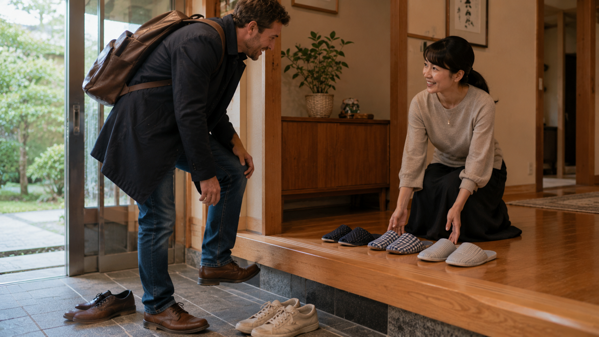 A man removes his shoes at an entrance while a woman kneels, smiling and offering several pairs of slippers in a tidy, warmly lit home.