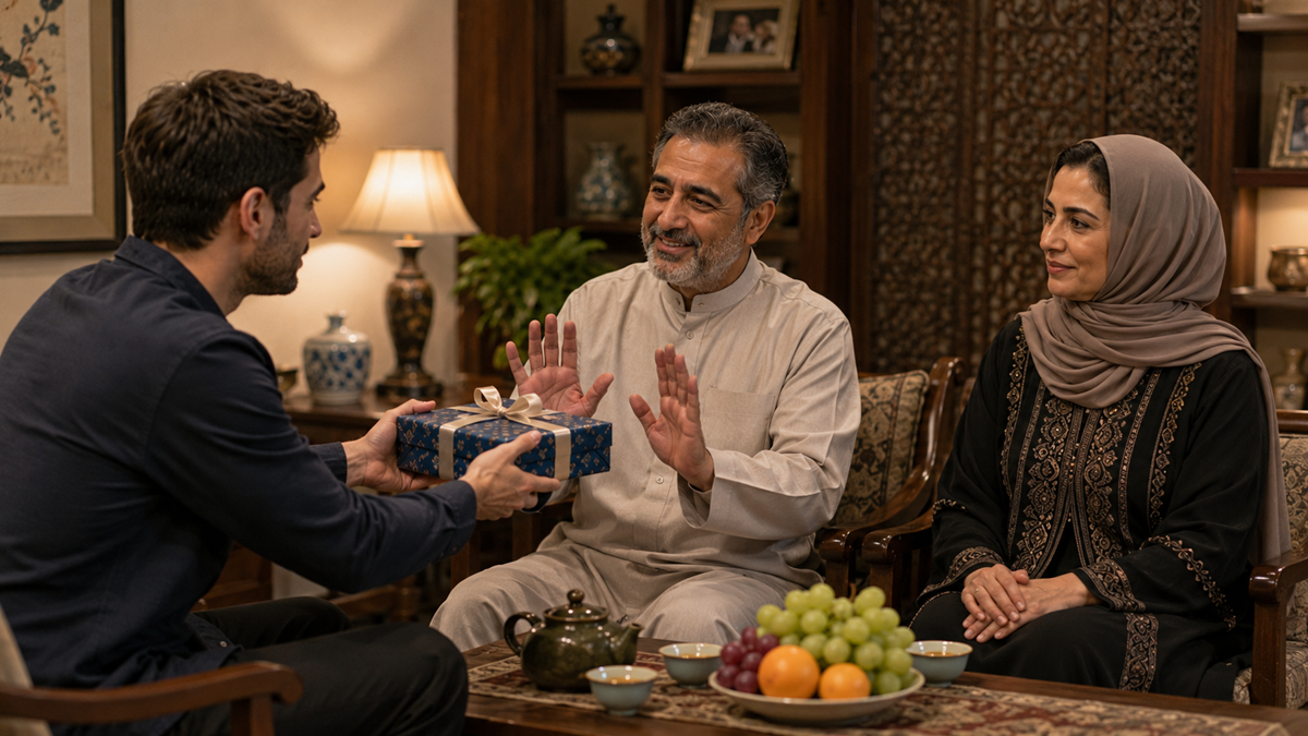 A man offers a gift box to an older man who smiles and gestures politely, while a woman in a hijab sits beside them, smiling. They are sitting together in a warmly lit living room with fruit, tea, and decorations.