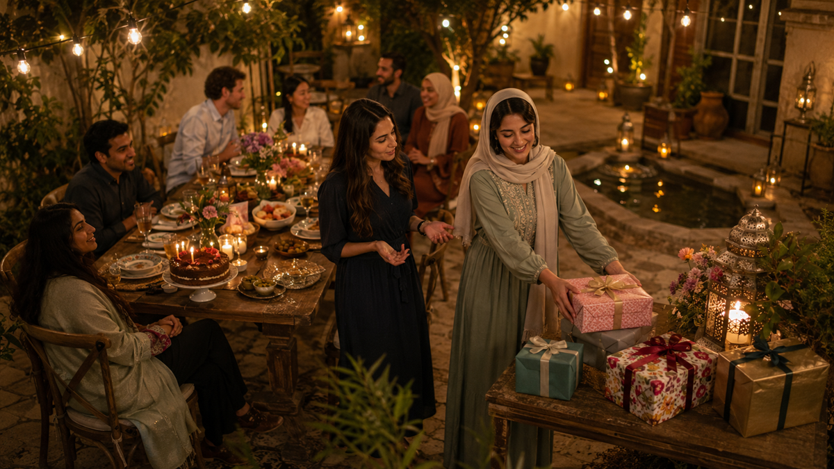 A group of people enjoy an outdoor evening gathering around a table with food and gifts, decorated with string lights. Two women in front are smiling and holding wrapped presents.